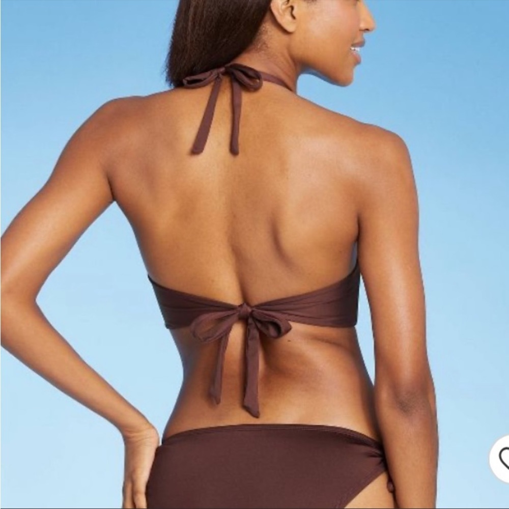 Women’s XS Kona Sol sexy faux wrap halter bikini top brown nwot tie back - Picture 2 of 4
